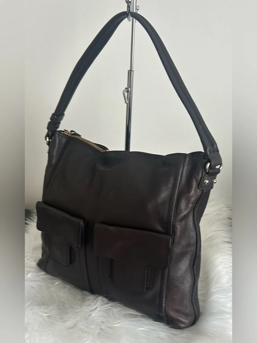 Kate Spade Brown Leather Hobo Shoulder Bag Large Dual Pocket Purse